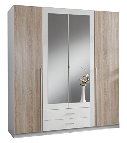 Wimex 119453 Kleiderschrank, 4-türig mit zwei Schubkästen und zwei Spiegeltüren, Front Korpus Außentüren Eiche Sägerau Nachbildung, 180 x 198 x 58 cm -
