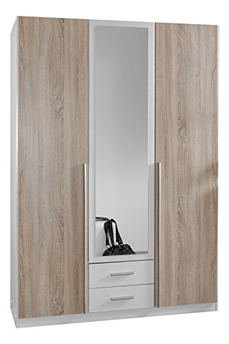 Wimex 119484 Kleiderschrank, 3-türig mit zwei Schubkästen und einer Spiegeltür, Front Korpus Außentüren Eiche Sägerau Nachbildung, 135 x 198 x 58 cm -