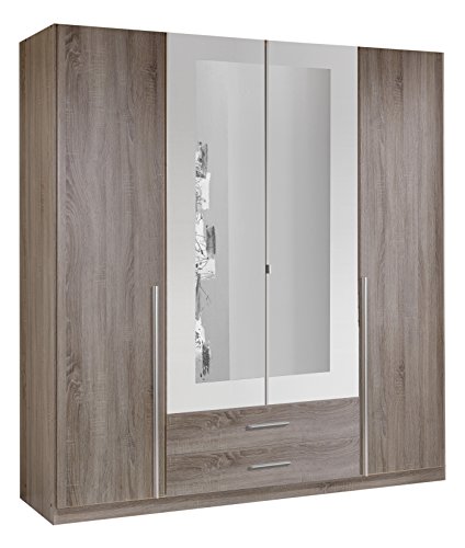 Wimex 166453 Kleiderschrank, 4-türig mit zwei Schubkästen und zwei Spiegeltüren, Korpus Montana Eiche Nachbildung, 180 x 198 x 58 cm, alpinweiß -