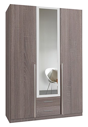 Wimex 166484 Kleiderschrank, 3-türig mit zwei Schubkästen und einer Spiegeltür, Korpus Montana Eiche Nachbildung, 135 x 198 x 58 cm, alpinweiß -